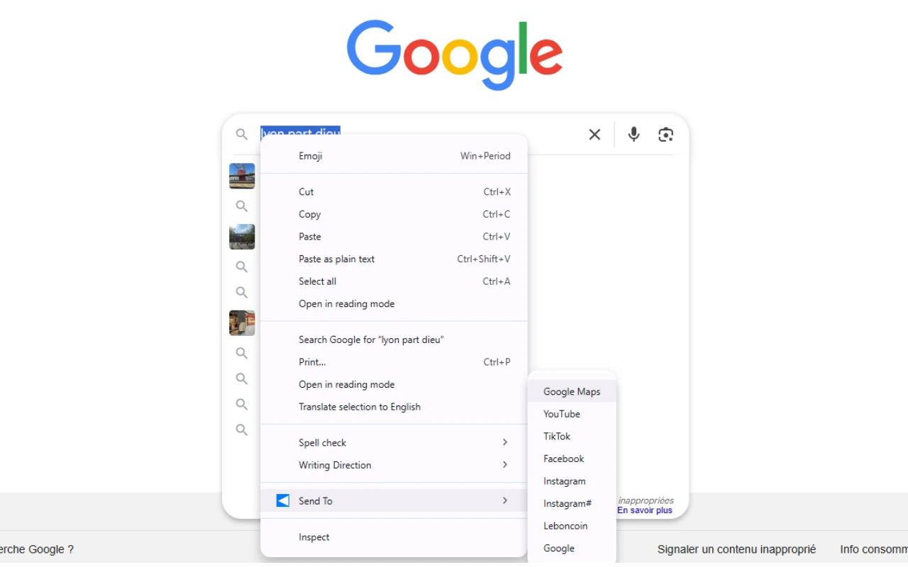 Capture d'écran de l'extension Chrome Send To